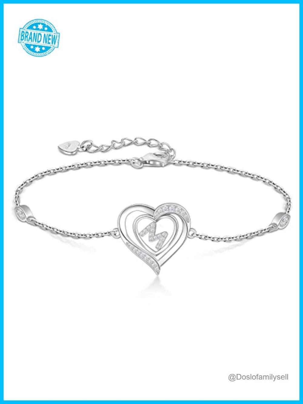925 Sterling Silver Heart Initial M Charm Bracelet Letter Jewelry Gift